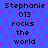 Blue background with pink hexagonal patterns and black text reading "Stephanie 013 rocks the world" in two identical vertical