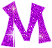 Three purple glittery 'M' letters with white outlines on gray background, each displaying distinct sparkles and light effects.