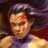 Pixelated image of a person with dark hair and a purple top against a dark background with red and purple tones.