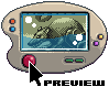 Pixel art of a handheld gaming device with a screen showing a pixelated landscape, surrounded by buttons and controls.
