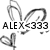 Pixelated grayscale icon with abstract curved shapes surrounding bold black text reading ALEX<333 on a white background.