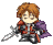 Pixelated character with brown hair, red and gray armor, purple cape, and silver sword in four variations showing different poses.