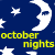 Static pixel art icon featuring a white crescent moon with a face, stars, and yellow text reading "october nights" on a dark blue background.