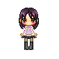Pixel art character with purple hair and pink checkered shirt, shown in multiple expressions including open eyes, closed eyes, and heart symbols near the face.