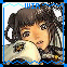 Animated pixel art of a character with dark brown hair in twin buns, holding a white helmet-like object near their face.