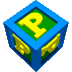 blue cubes with green faces displaying yellow 'P' letters, arranged in five and six against a gray background
