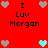 Red background with pixelated text and heart symbols; two of 'I Luv Morgan' surrounded by gray hearts, some cyan hearts in the center