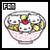 Pixelated static icon of a bowl with pink liquid and fruit garnishes, featuring yellow citrus slices, red berry, and green leaves on white background.