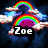Rainbow with clouds and 'Zoe' text on dark background; rainbow has red, orange, yellow, green, blue, purple bands.