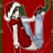 Two anime-style figures in red and blue outfits dance against a solid red background with partial text reading "Merry CHRISTMA" on the right.