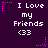 Purple background with white text "I Love my Friends <33" repeated in six positions, surrounded by pink and purple star-shaped pixel decorations