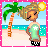 Pixel art beach scene with a blonde character in a light green shirt and black-and-white checkered shorts, standing on sand next to a palm tree under a bright sun.