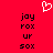 Red background with white pixelated heart at top center, two identical of black pixelated text below reading joy, rox, ur, sox from top to bottom