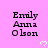 Pink background with repeated text "Emily Anna Olson" and white pixel hearts; one heart is partially obscured by a gray overlay.