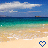 Animated beach scene with turquoise water, sandy shore, and blue sky; two pixelated heart icons transition from hollow to solid.