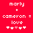 Red background with white pixelated text and symbols arranged in two identical vertical , each containing 'morly', '+', 'cameron =', 'love', and five heart symbols with one pink heart in the center