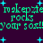 Pixelated green text on dark purple background with blue star shapes, repeating 'makepzie rocks your sox!' in multiple