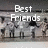 A grayscale animated sequence showing a group of people holding hands in a circle, with text overlays changing across frames.