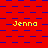 Red background with blue square pattern and yellow text 'Jenna' repeated across the image