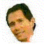 A pixelated headshot of a person with dark hair, light skin, and a slight smile, displayed in a of three with varying background colors