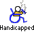 Pixelated icon of a blue stick figure in a wheelchair with a yellow seat, white head, and black outline, emitting gray smoke, below the word "Handicapped" in blocky text.