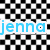 Black-and-white checkered background with blue and white text fragments reading 'jenna', 'was', and 'here' in pixelated font.