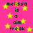 Pixelated text on a bright pink background with yellow stars, reading "melissa is a aim freak" in black block letters.