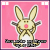A pink square icon with a cartoon rabbit holding chopsticks, displaying text 'You make me throw up a little' in pixelated font.