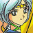 Pixelated anime-style character with light skin, dark hair, and yellow headband, wearing green and blue clothing against a blurred background.