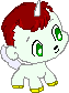 Pixelated cartoon unicorn with red hair, white body, green eyes, and yellow hooves in two expressions against gray background.