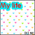A static image with a white background patterned by small colorful shapes and red text reading 'My life' at top left.