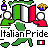 Pixel art buddy icon featuring Italian symbols with two identical static frames showing green map outlines, an open book with Italian flag colors, and food items.