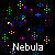 Black background with scattered multicolored pixelated dots and crosses, white text 'Nebula' repeated in