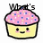 Pixelated cupcake icon with pink frosting, blue and yellow sprinkles, smiling face, and text above it changing from 'What's' to 'I'm' to 'Cupcake Cutie'.