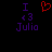 A pixelated image with purple text and a red heart symbol on black background, showing 'I <3 Julia' in two identical vertical arrangements.