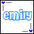 Animated sequence of 'emily' text with changing heart and dot patterns in blue, white, black, and gray.