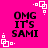 Bright pink background with four identical pixelated text blocks reading "OMG IT'S SAMI" and white square corner decorations.