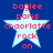 Blue background with four identical white stars, each containing red text reading 'boylee paris chaorlatte rock on' in pixelated font.
