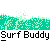 Pixel art contact sheet showing six frames of a surfing character animation with repeated text and wave background.