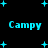Pixelated cyan text "Campy" repeated three times on a black background with scattered cyan plus signs.