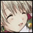 Pixelated anime-style character face with winking eye and red hair accessory next to stylized text on black background.
