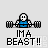 Pixelated character in blue shirt lifts barbell with text 'IMA BEAST!!' below; show speech bubbles reading 'PFFT...' and 'EASY.'