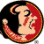 Pixelated circular icon with black background, red crescent, and stylized figure holding a sword-like object.