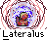 Animated contact sheet of a pixel art character with red and yellow colors, surrounded by blue and white circular effects on a gray background, showing sequential frame changes in pose and surrounding elements.