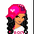 Pixel art contact sheet showing a female character in pink and white attire across multiple frames with text variations below.
