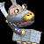 A pixelated cartoon character with a metallic body and yellow snout stands on the left side of a split-screen image, while green text reading "Original Icons .com" appears on the right against a dark background.