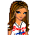 Pixelated icon of a girl with long brown hair wearing a white baseball jersey with red and blue accents, holding a brown baseball glove with a white ball inside.
