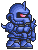 Blue armored figure with pink eyes and a single horn, shown in four pixelated poses against a gray background.