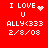 Red background with white text reading 'I LOVE U', 'ALLY<333', and '2/8/08' across four , each showing distinct pixelated heart or sparkle animations