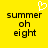 Yellow background with black pixelated text reading 'summer oh eight' and a white heart symbol above the left text block.